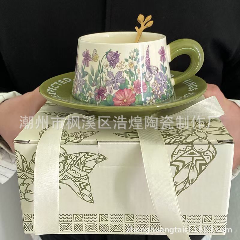 复古美式陶瓷杯碟中古风油画绿铃兰花咖啡杯碟赫本风下午茶马克杯详情9
