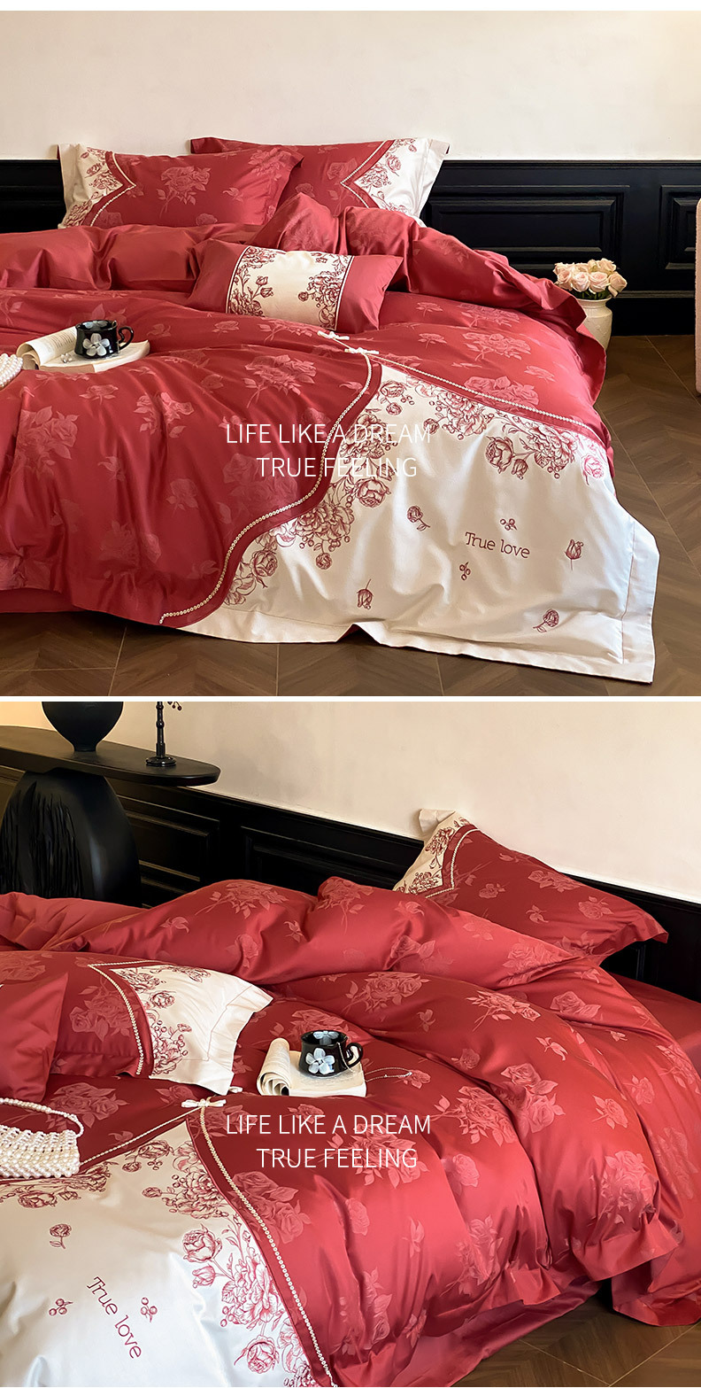 婚庆轻奢风四季长绒棉四件套提花刺绣结婚花卉被套纯棉床上用品红详情7