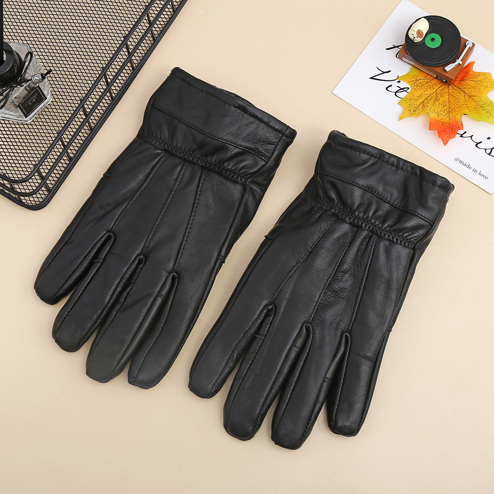 Wholesale of cross-border genuine dog hair thickened leather gloves, fashionable black cold-proof and warm leather gloves, and cycling gloves pic 1