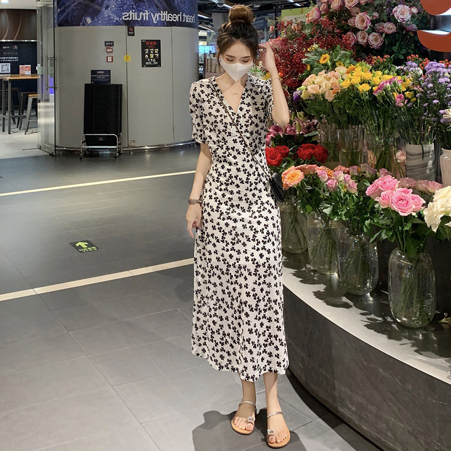 French-style first love sweet fairy thin high-end design long dress, waist-cinching and slimming black floral dress Zixia pic 11