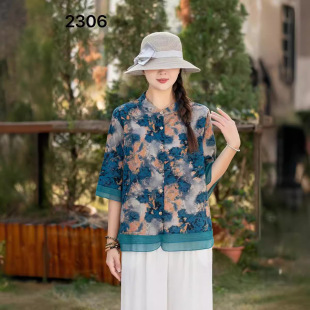 2025 Summer New Style artistic printed cotton and linen shirt, retro loose large size round-neck pullover, elegant T-shirt for women pic 10