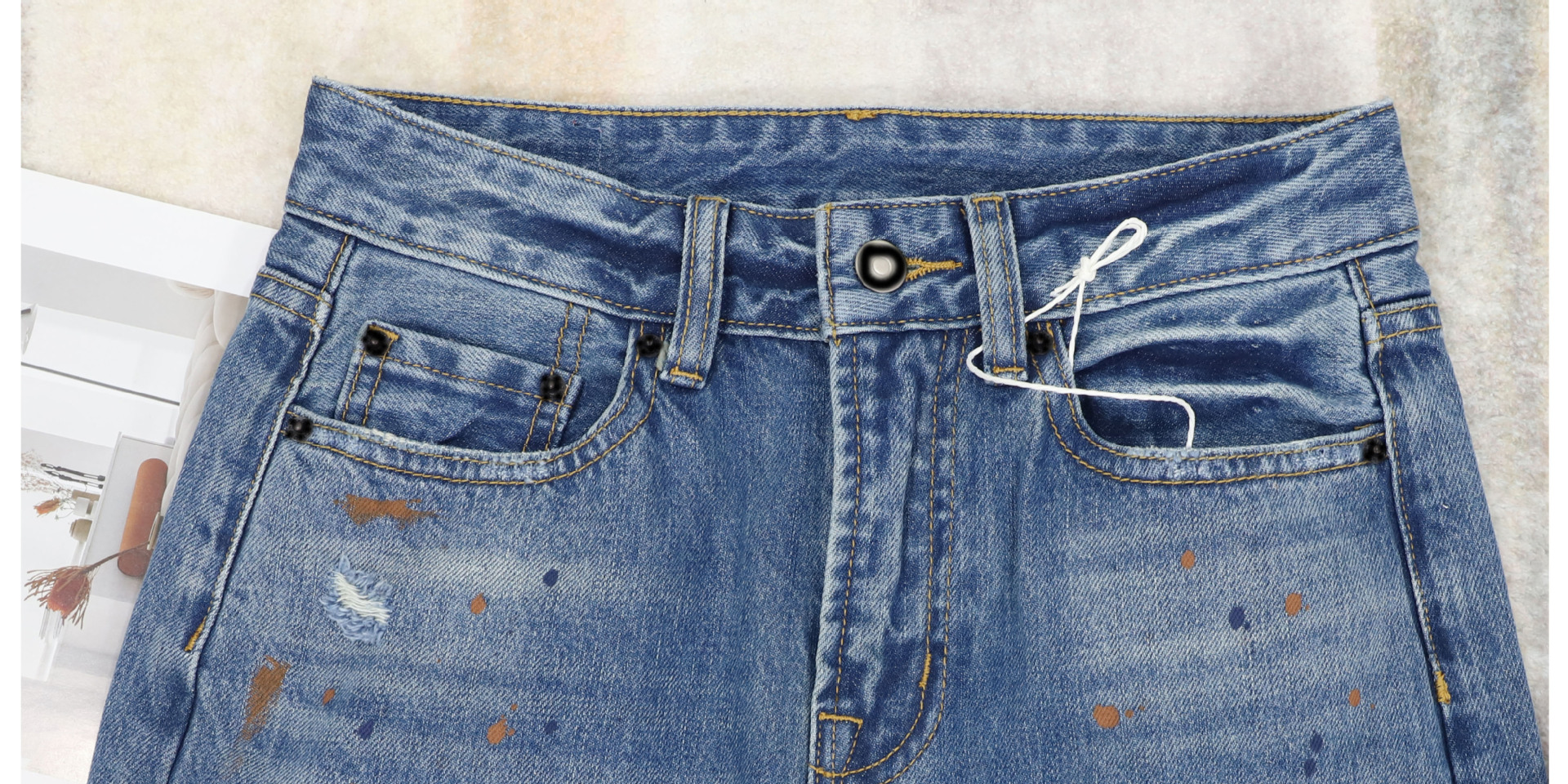 AC blue straight-leg jeans for women, high-waisted wide-leg, ink-wash distressed printed flared pants, dirty pants, Spring 2026 new style pic 9