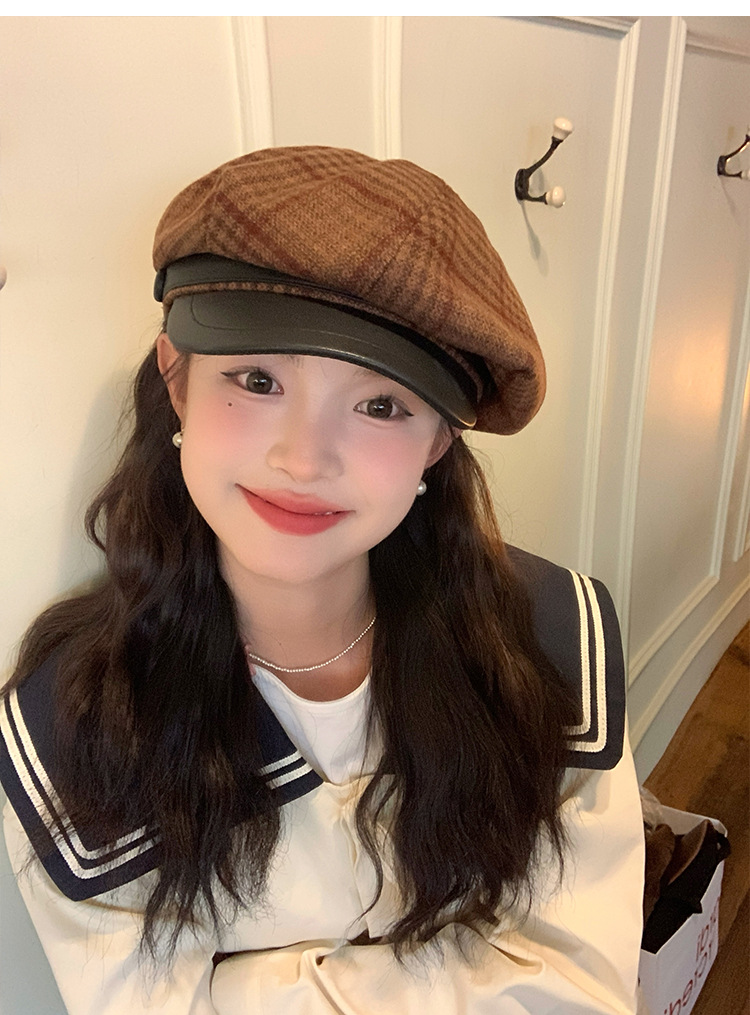 Cool and elegant checkered retro British octagonal newsboy hat for women 2024 new style face-enhancing small beret pic 14