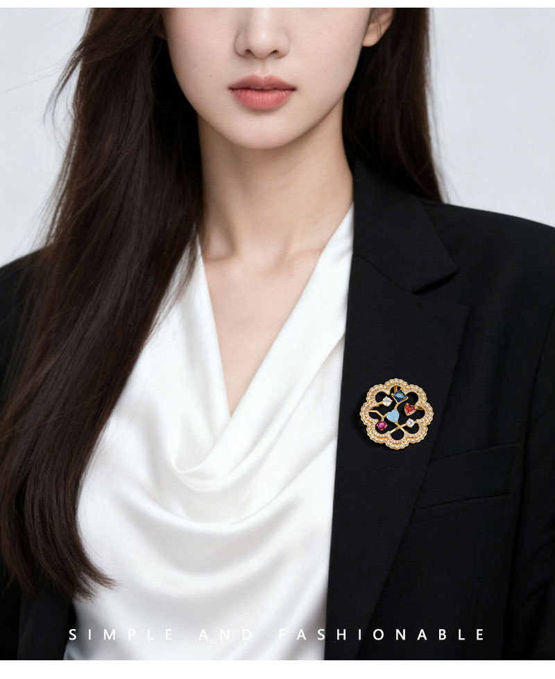 Sweet and exquisite colored gemstone hollowed-out flower brooch, copper alloy micro-inlaid zircon, light luxury and high-end dress brooch pic 14
