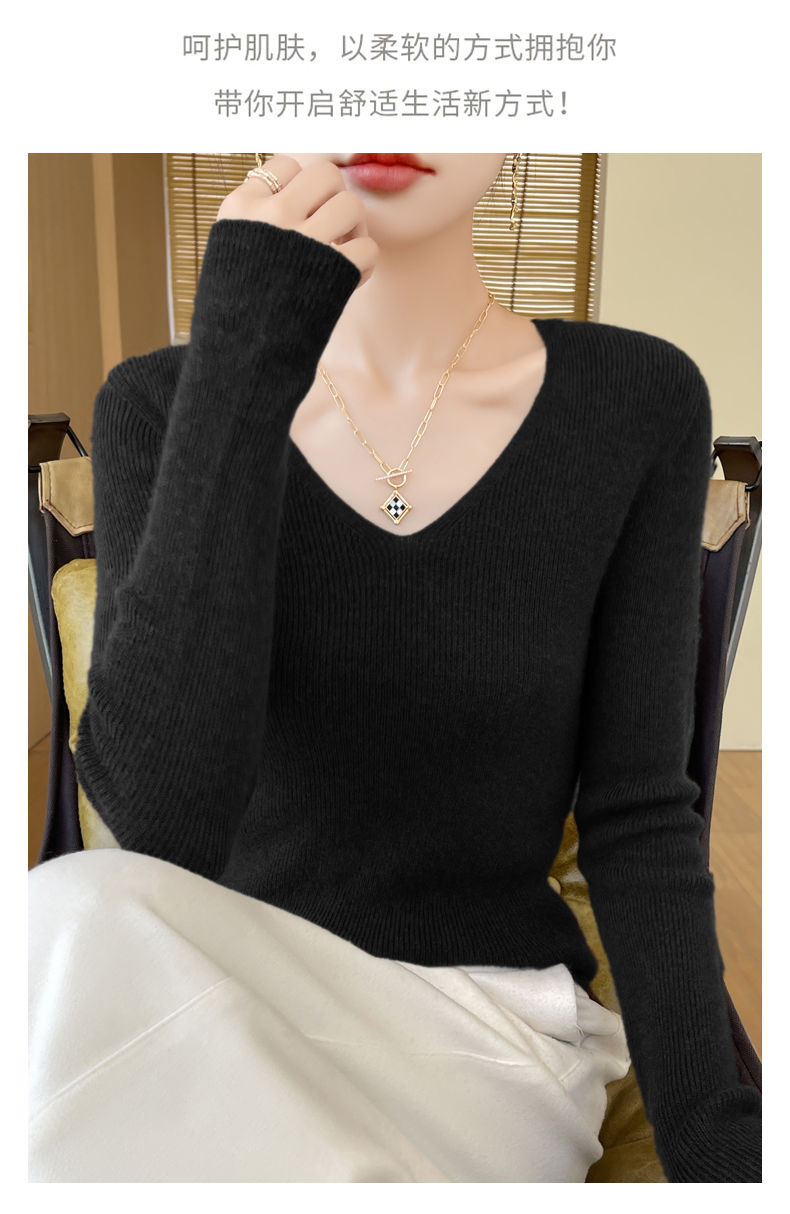 This autumn and winter new style of wool sweater features a V-neck that is slimming and versatile. It is a long-sleeved, casual and elegant sweater with a base layer of knitted sweater for women pic 37