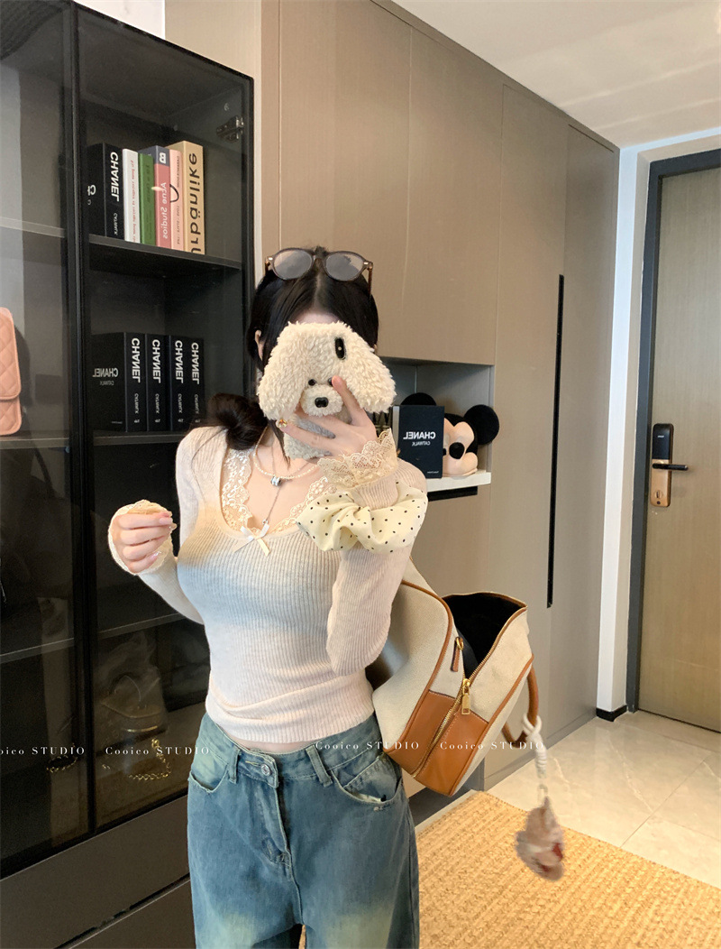 6035#复古蕾丝拼接针织衫新款修身显瘦纯欲风内搭打底长袖上衣女详情18