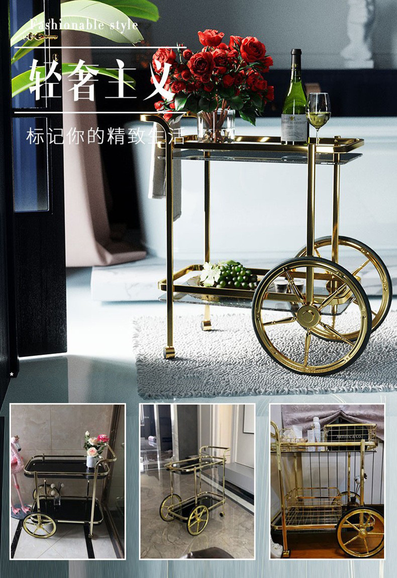 European-style titanium gold wine cart, imperial concubine wine cart, cake cart, double-layer food delivery cart, 4S store pastry and hotel service cart pic 13