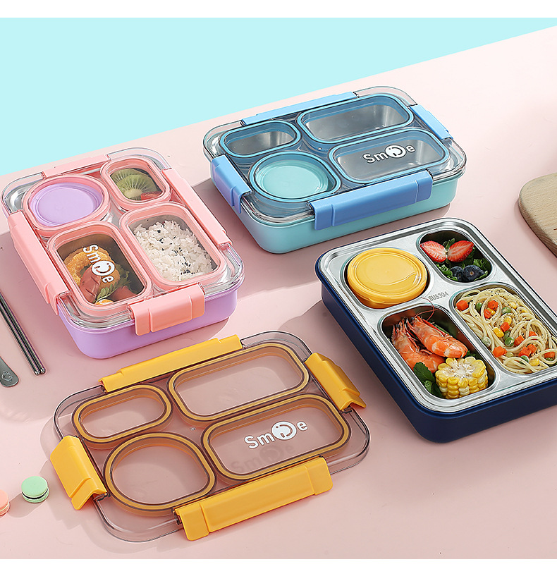 Cross-border best-selling independent sealed stainless steel 4-compartment lunch box with bowl, no cross-flavor student white-collar lunch box pic 12