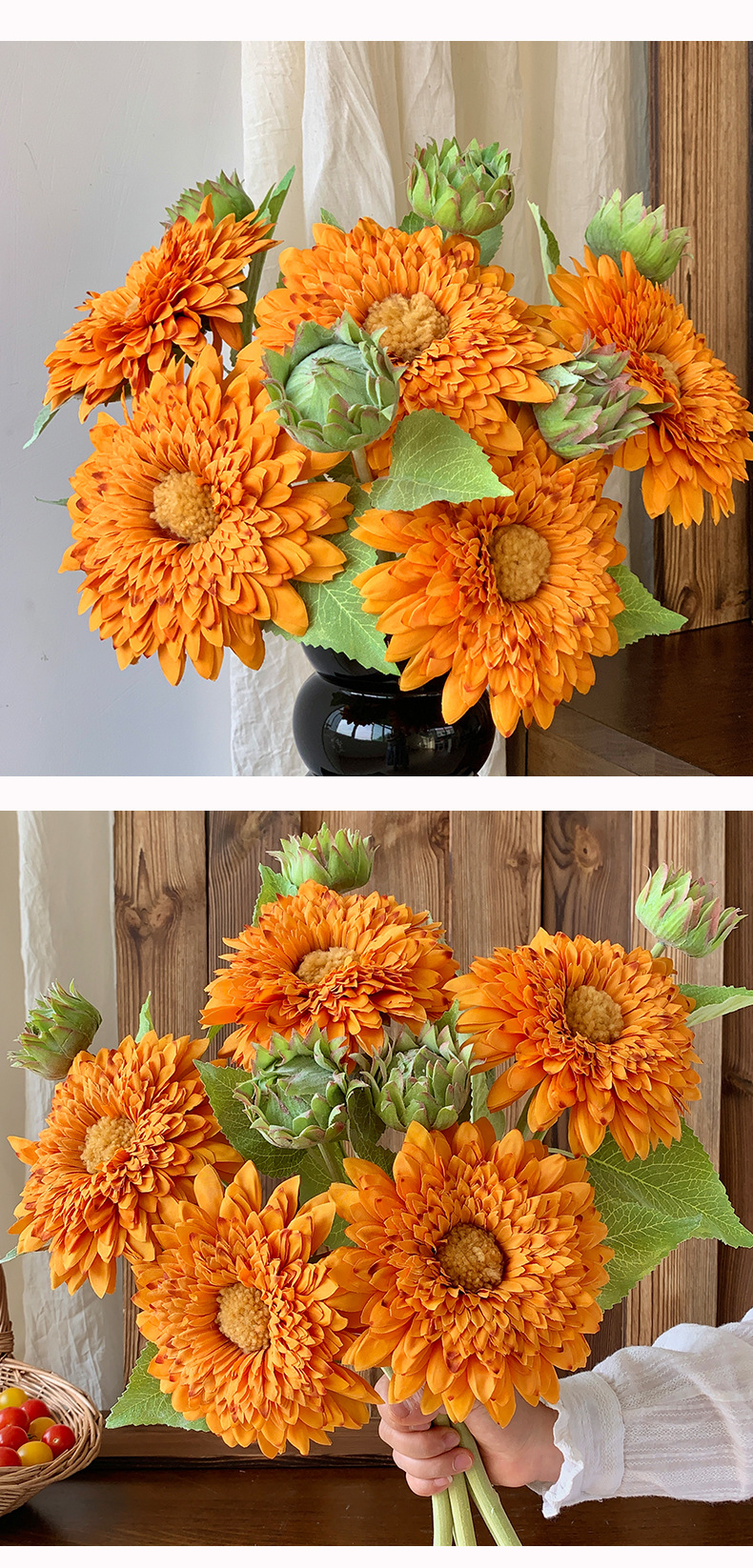 网红爆款泰迪向日葵仿真花客厅玄关装饰花假花摆件复古手捧花束详情12