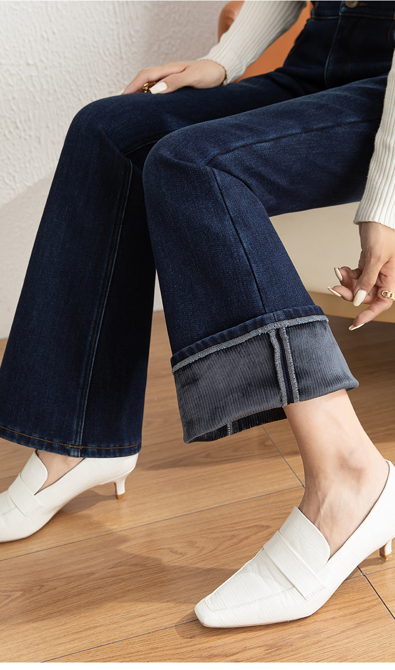 If you are looking for high-waisted embroidered flared pants in winter, thickened and fleece slightly flared jeans for women, long style 8051 for a full buttock pic 17