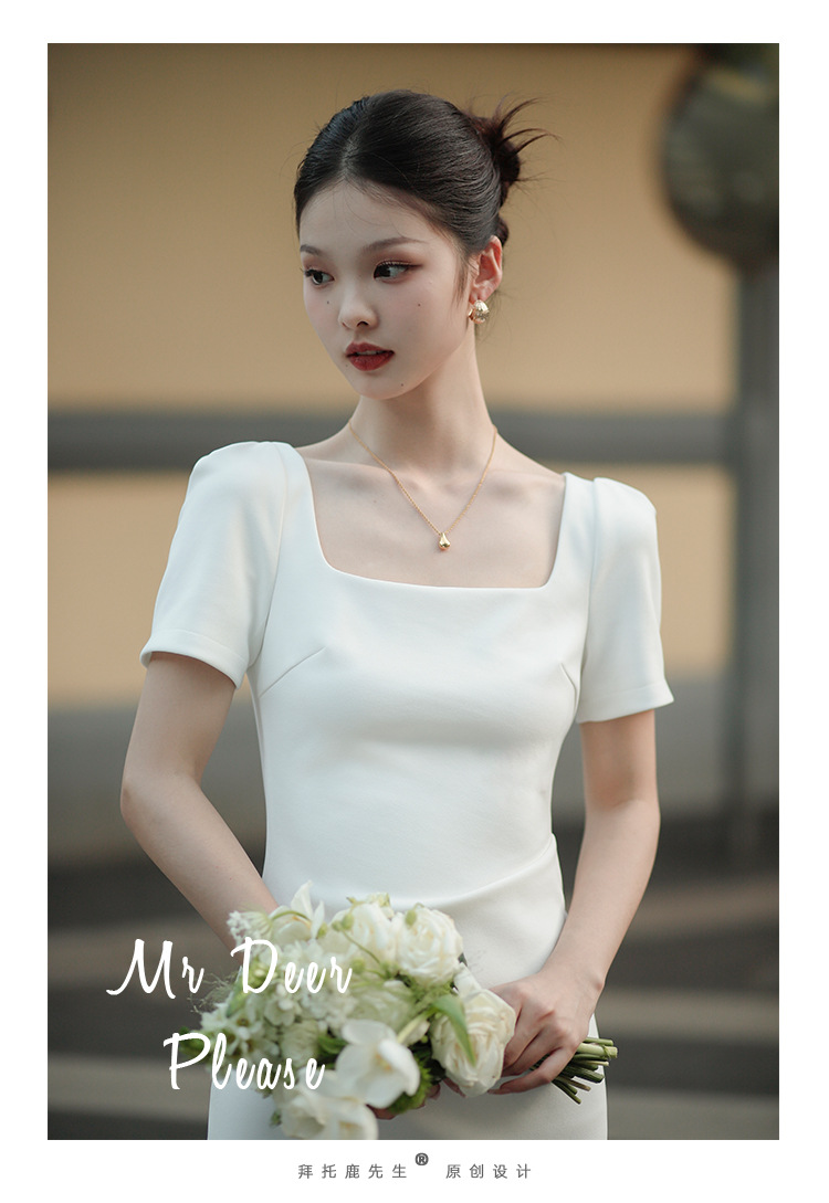 白色法式小礼服方领短袖修身微弹力长款领证订婚小晚礼服连衣裙详情3