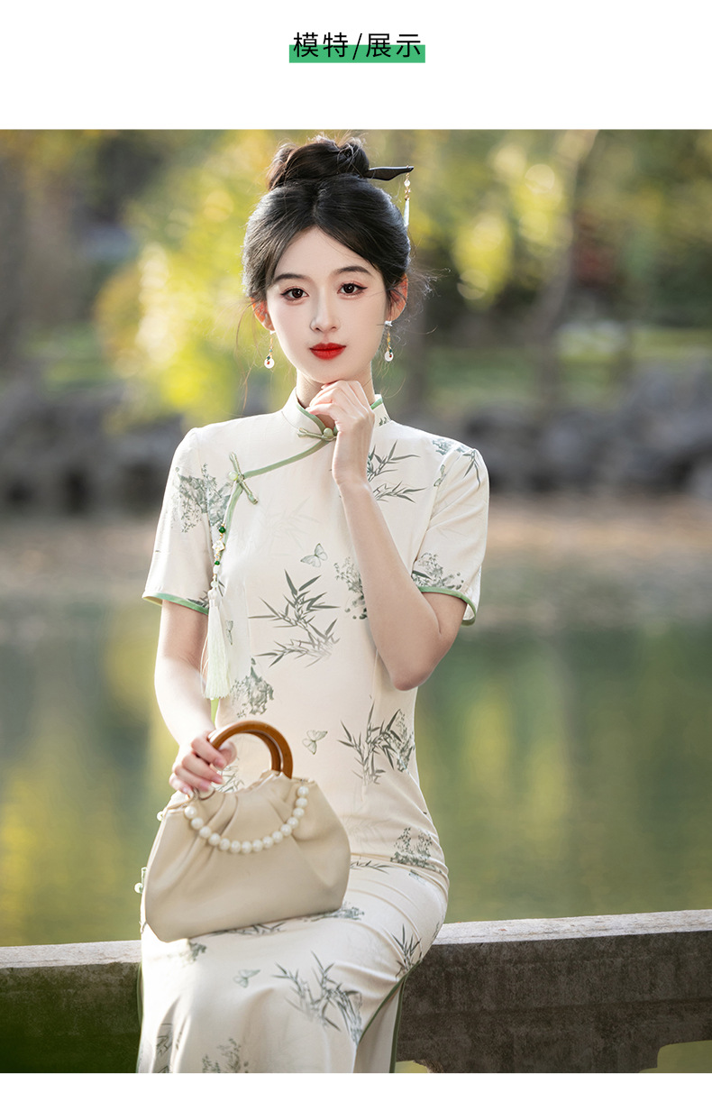 国潮富贵竹绿色旗袍长款 新中式改良短袖年轻款 日常高考送考旗开得胜详情9