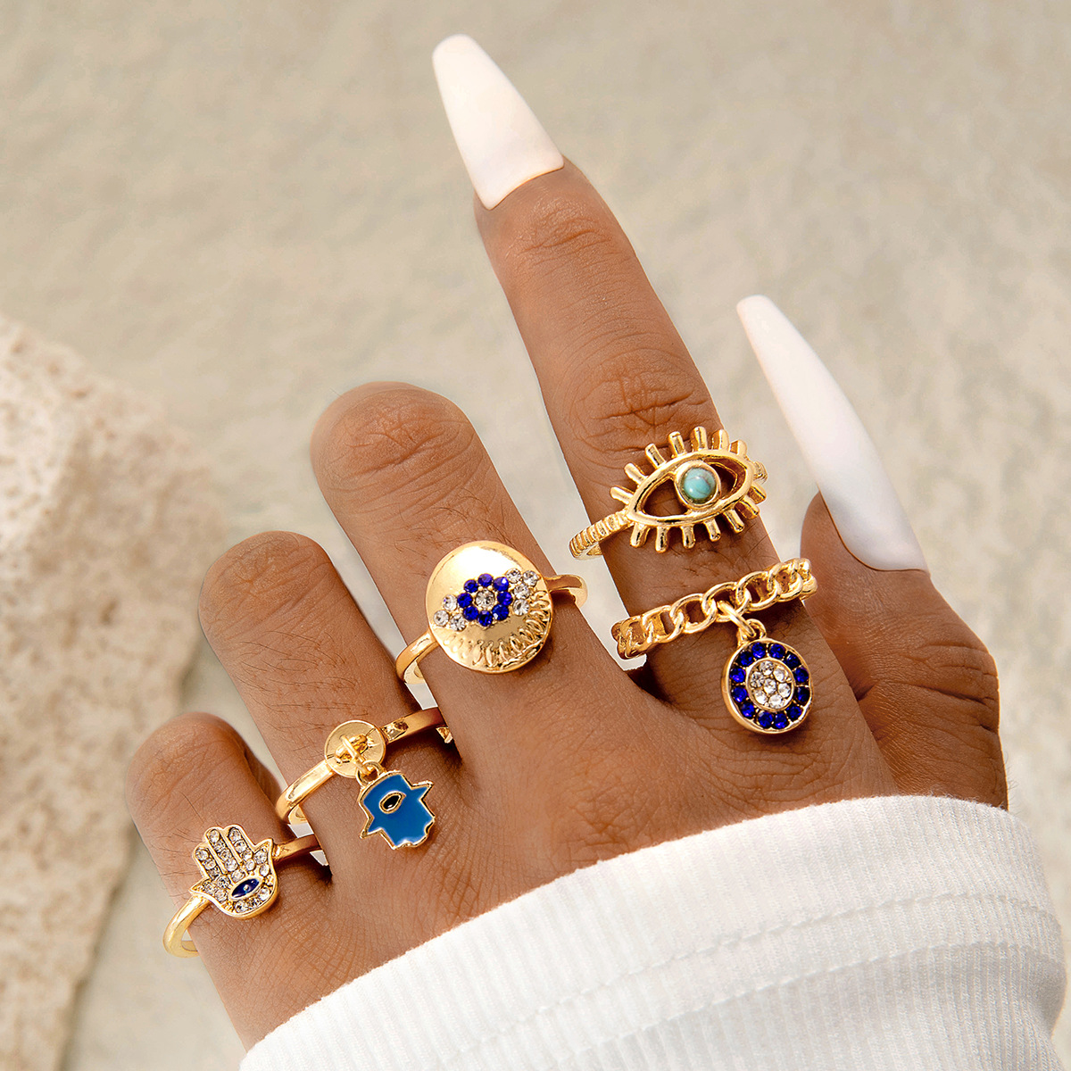 欧美跨境复古金属仿祖母绿镶钻戒指套装设计感爱心蛇形戒指套装女详情2