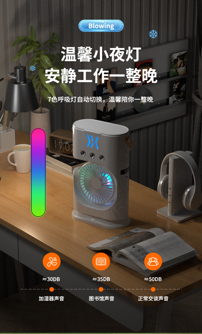 跨境新款家用三孔冷风机喷雾风扇便携桌面加湿喷雾USB迷你冷风扇详情18