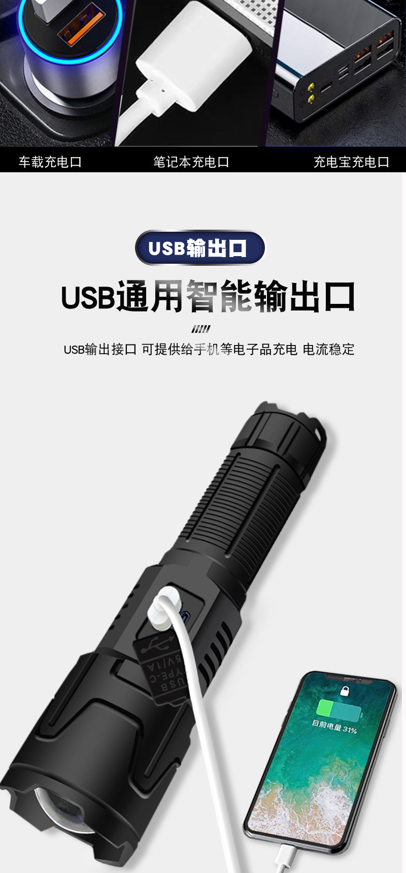 New white laser high-power Type-C charging outdoor zoom long-range screen display LED flashlight pic 10