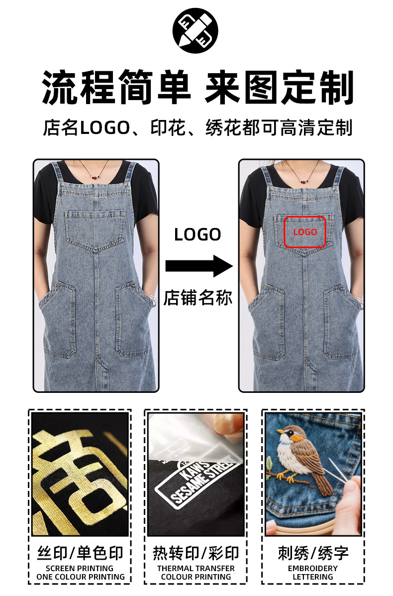 牛仔围裙男女厨房加厚工作服奶茶店咖啡餐厅烘焙可logo代加工批发详情4