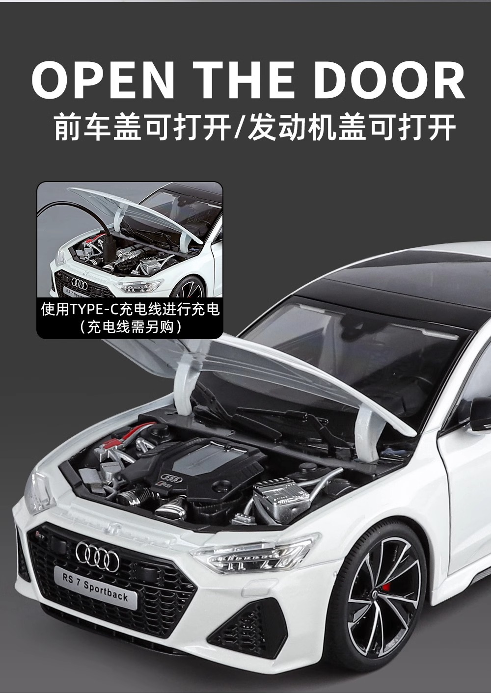 Official authorized 1:18 Audi RS7 alloy sound and light Rebound car six-door model Toy car model, boy gift car model pic 14