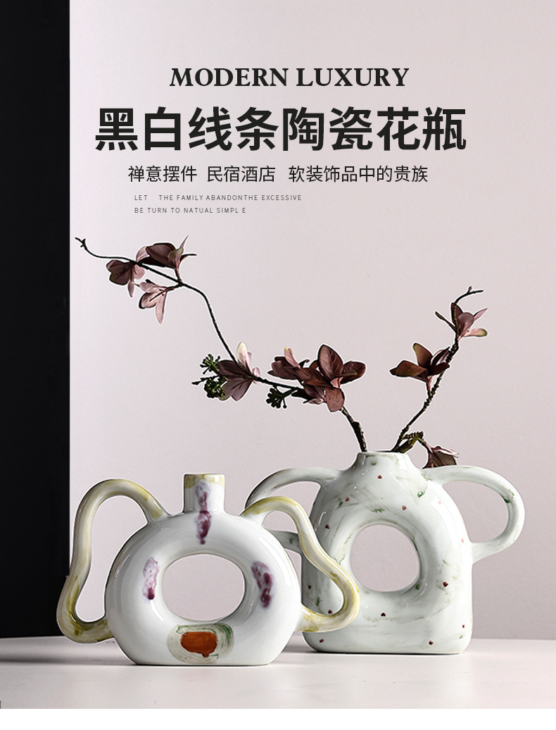 Cream-style ear vases, ceramic ornaments, living room entrance decoration, flower arrangement, high-end style, ins flower vases, table handicrafts pic 2