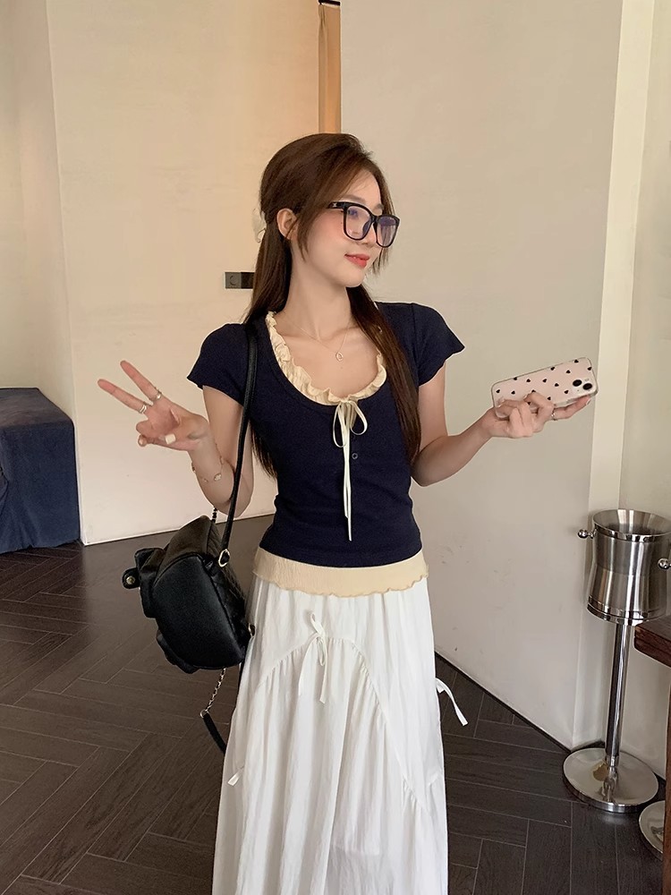 2025夏季新款芭蕾风假两件正肩短袖t恤女修身显瘦bm短款上衣详情7