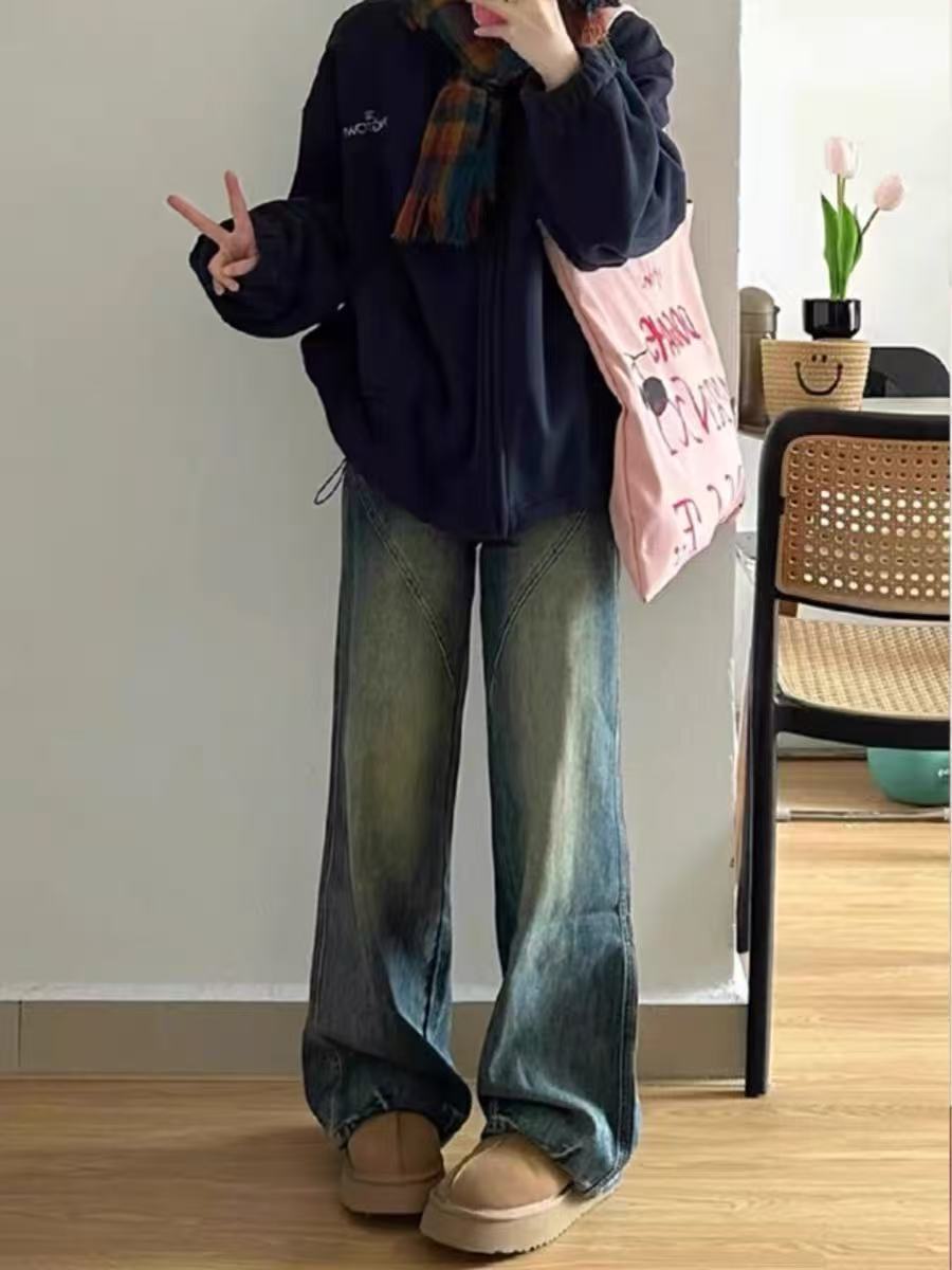 白色直筒牛仔裤女秋冬2025新款高腰显瘦小个子加绒宽松窄版阔腿裤详情14
