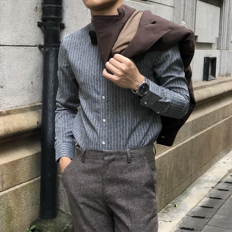 2025新款条纹衬衫男美式复古修身长袖高级感商务休闲西装衬衣免烫详情1