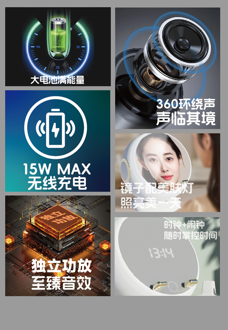 Creative smart Bluetooth speaker, clock, alarm clock, insert TF card, connect to computer, speaker, wireless charger, makeup mirror, ambient light pic 3