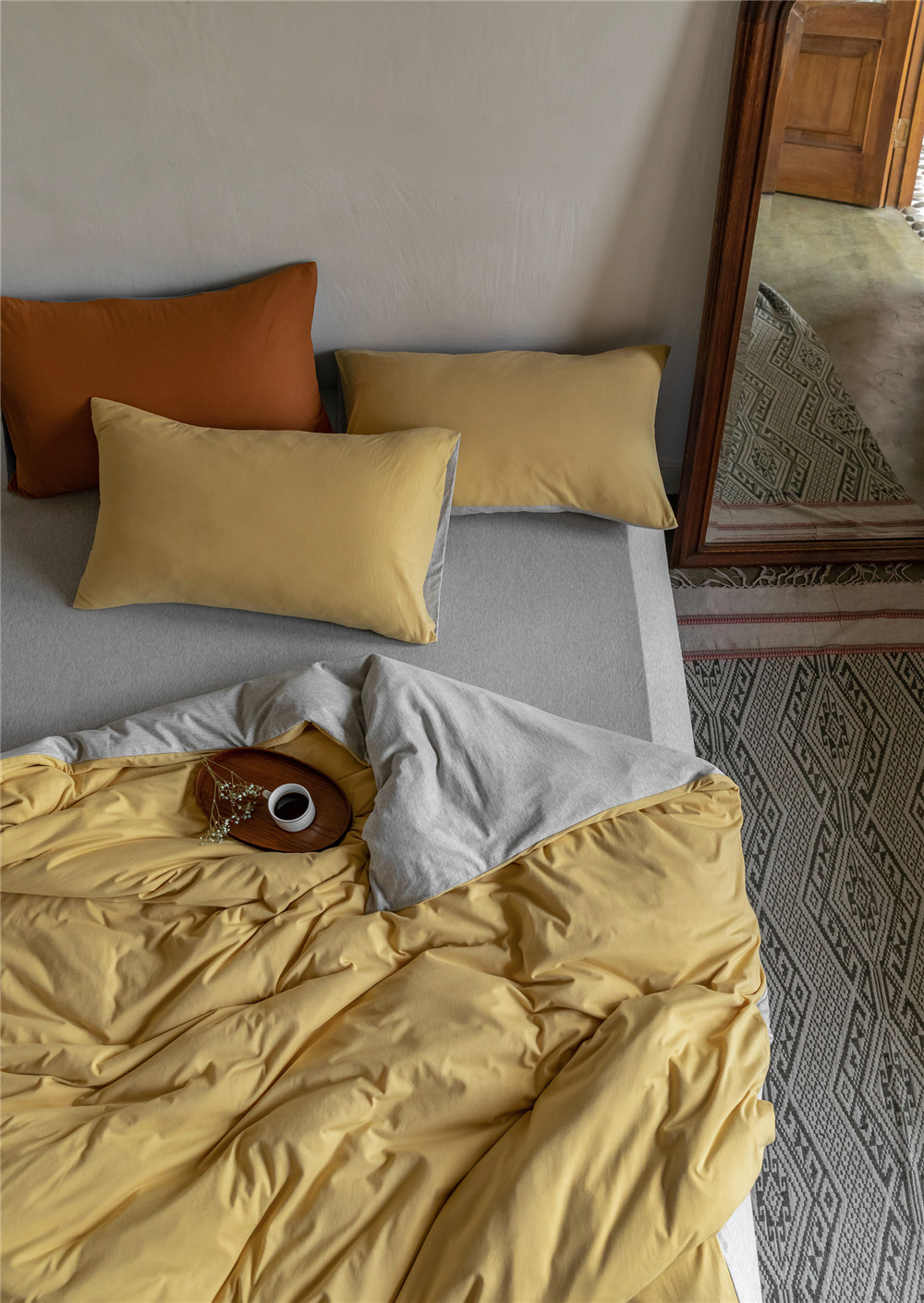 ins Japanese-style solid color all-cotton knitted cotton four-piece set, skin-friendly nude sleeping plain double-layer Indian cotton bed sheet pic 200