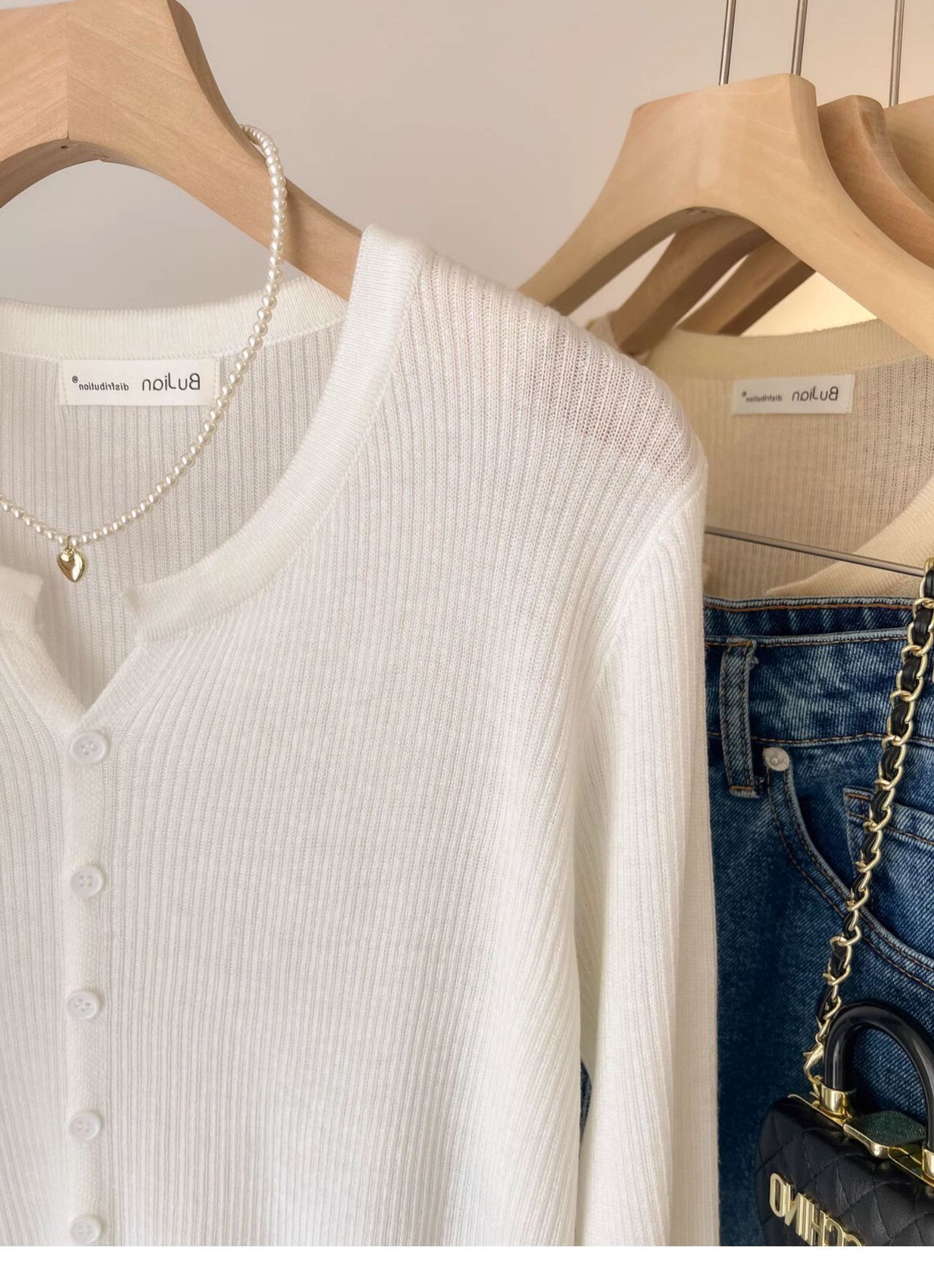 A short woolen cream-colored knitted coat for women, a long-sleeved cardigan for spring and autumn, and a chanel-style innerwear with a base layer pic 12