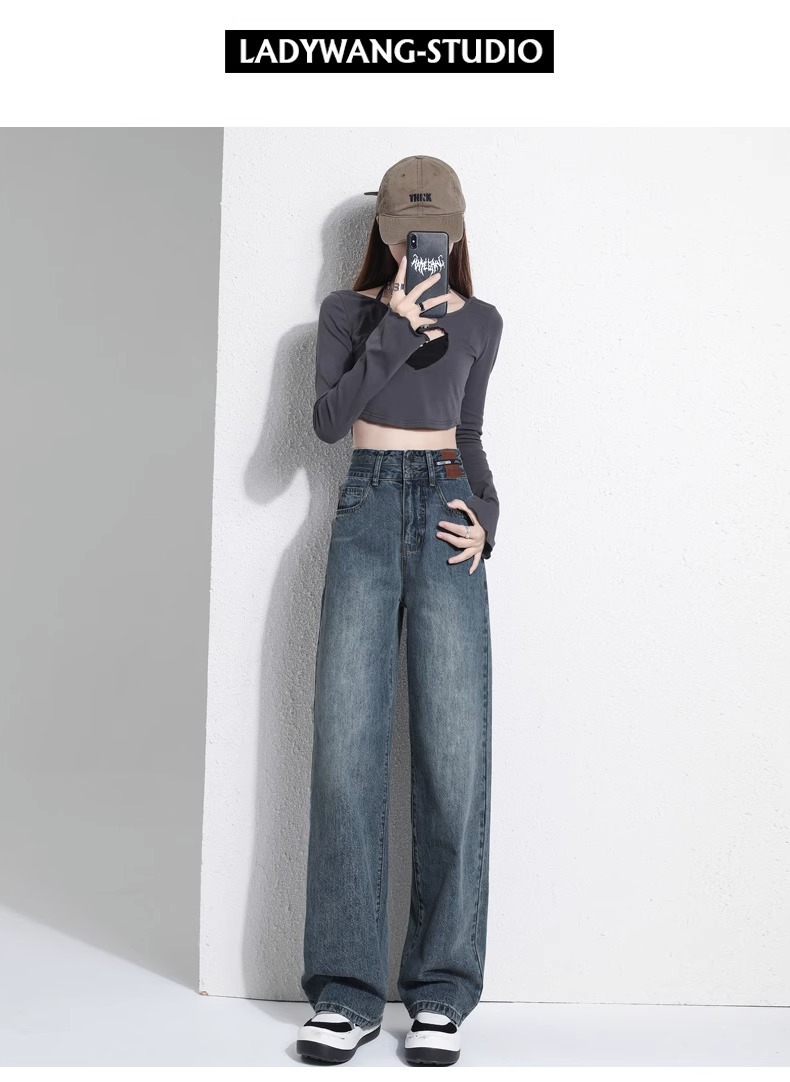 Cement grey narrow wide-leg jeans for women in summer, large size, high waist, loose and slimming, floor-length straight-leg pants for petite ladies pic 20