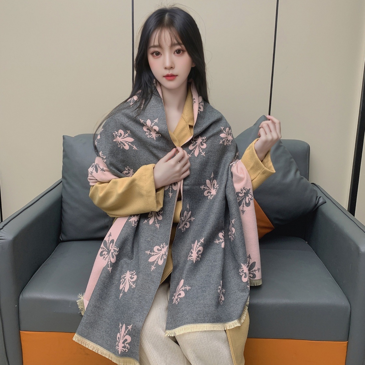 围巾女冬季欧美风格佛罗伦萨鸢尾花披肩加厚百搭双面保暖围脖保暖详情44