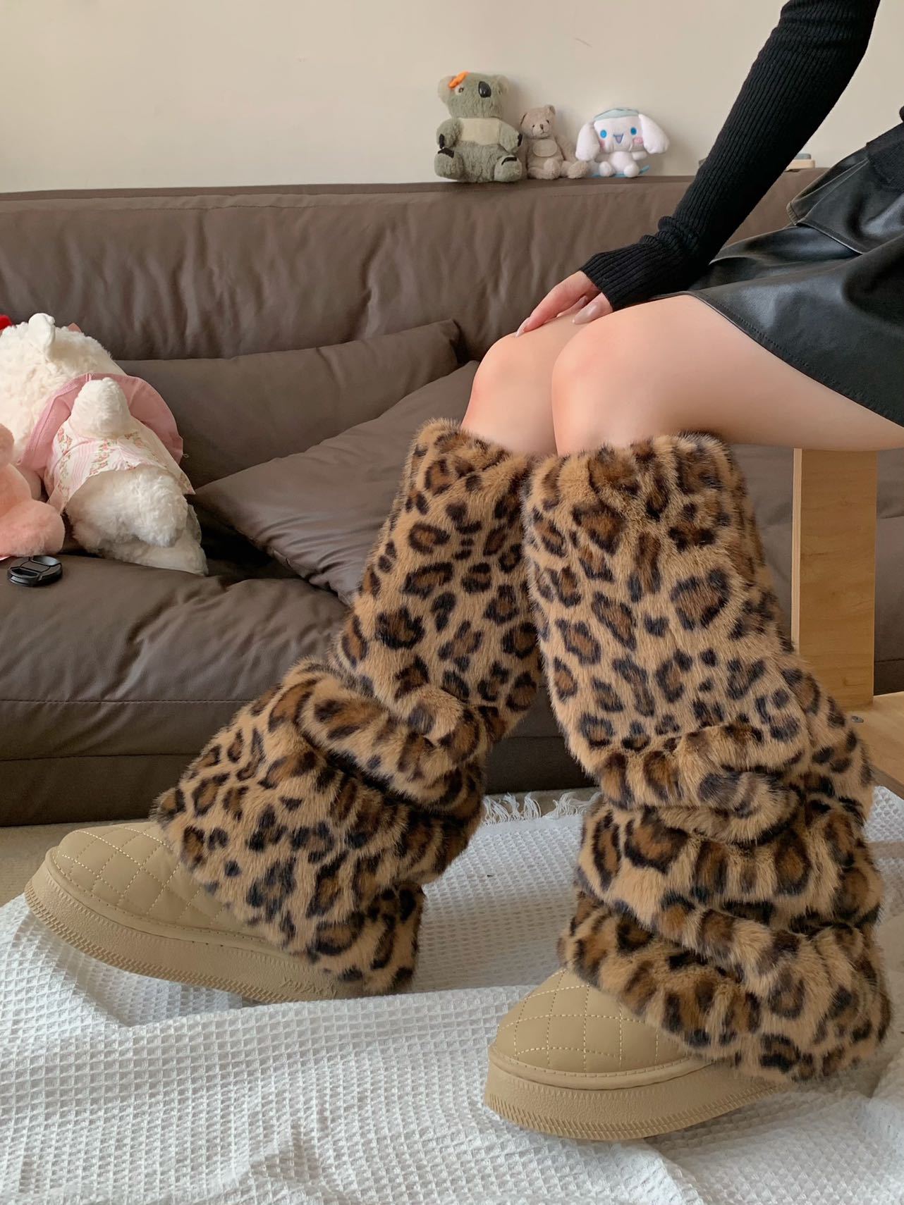 秋冬保暖加厚袜套阔腿豹纹靴套ins咖棕色毛毛绒JK腿套毛茸辣妹女详情1