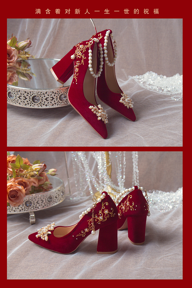 尖头粗跟结婚鞋子2024年新款中式秀禾敬酒服酒红色新娘婚鞋女孕妇详情17