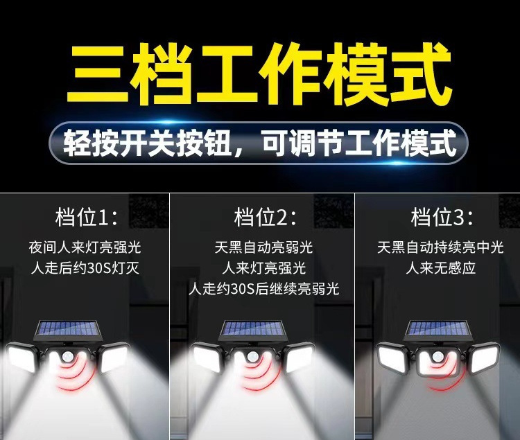 Cross-border solar human body sensor wall lamp, three-head rotating wall lamp, outdoor light-controlled waterproof road lighting, garden lamp pic 10