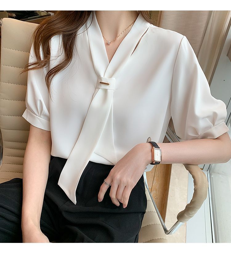 夏季短袖衬衫女装2024夏季新款气质蝴蝶结职业白领工作服短袖衬衣1详情8