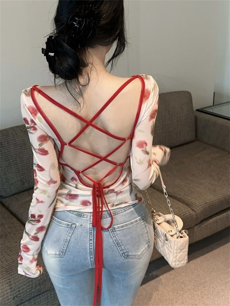 AGAM 复古浪漫玫瑰印花修身上衣撞色网纱绑带露背薄款长袖打底衫详情4
