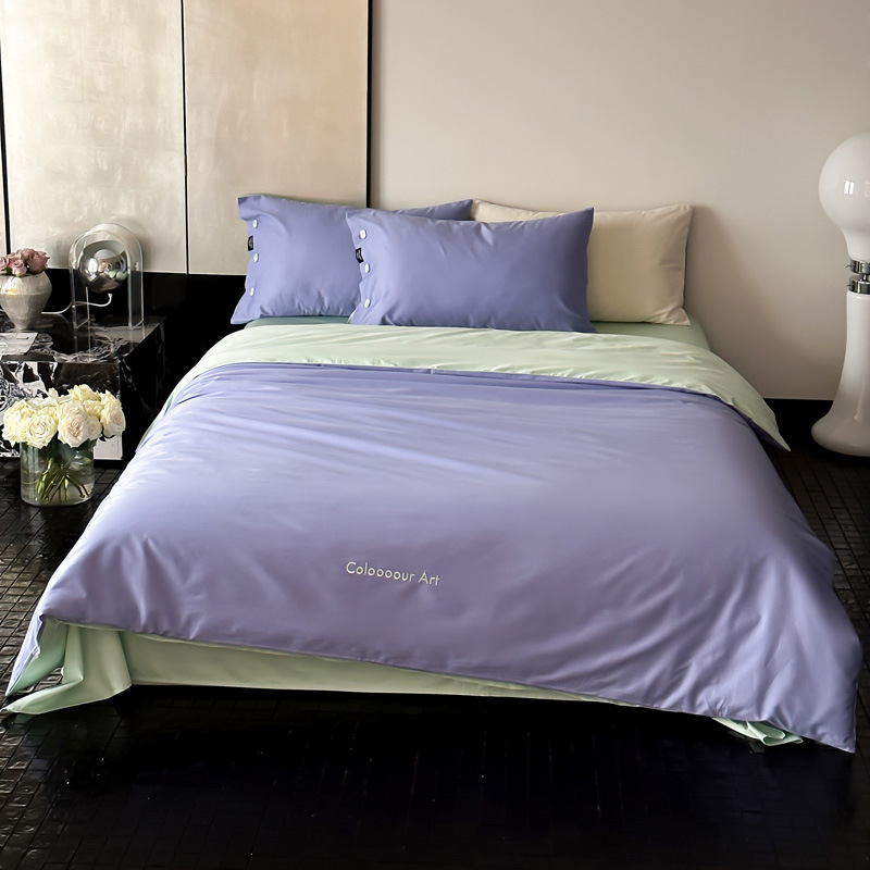 Simple, light luxury and fashionable solid-color long-staple cotton four-piece set, pure cotton letter-embroidered duvet cover, double bedding pic 95