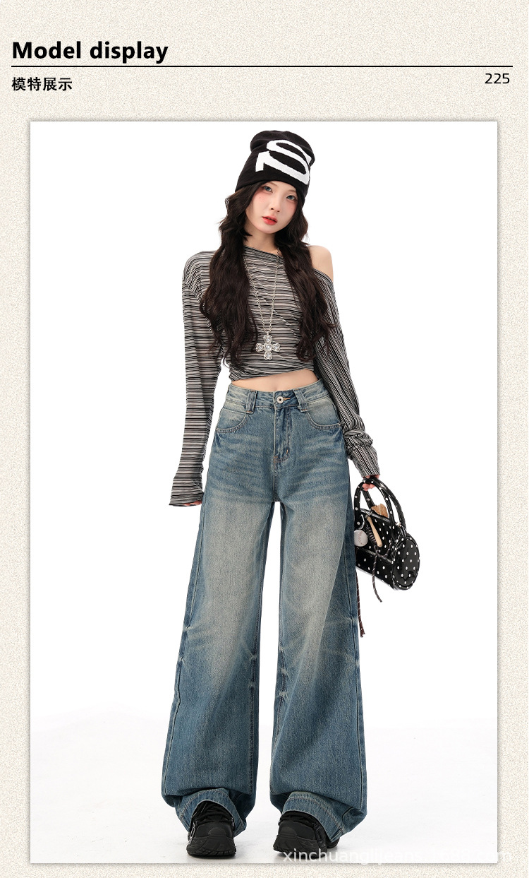 新塘牛仔之都美式复古嘻哈辣蓝色牛仔做旧直筒宽松拖地长裤女款详情6