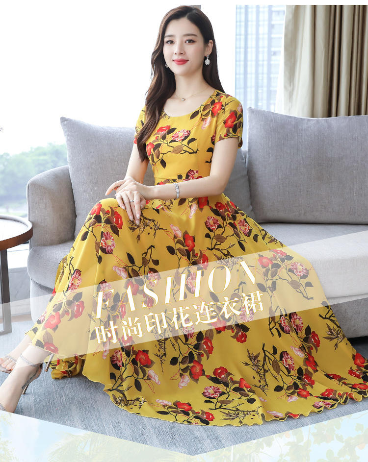 碎花大摆过膝显瘦超仙流行长裙2024新款圆领短袖显瘦女长连衣裙详情2