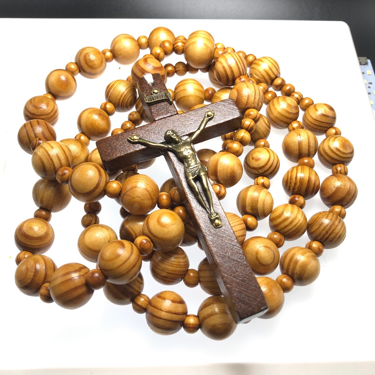 Giant WALL hanging beads, pine wood imitation olive wood cross necklace WALL ROSARY decoration pic 1