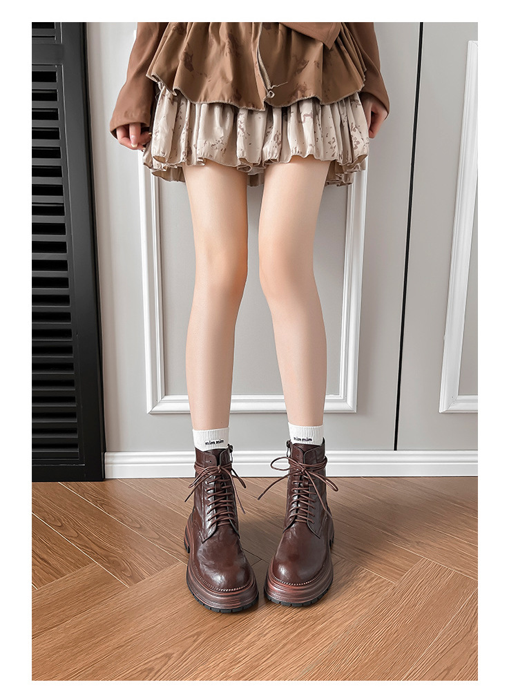 英伦复古系带厚底马丁靴秋冬季单靴精致手抓纹粗跟短靴女机车靴子详情23