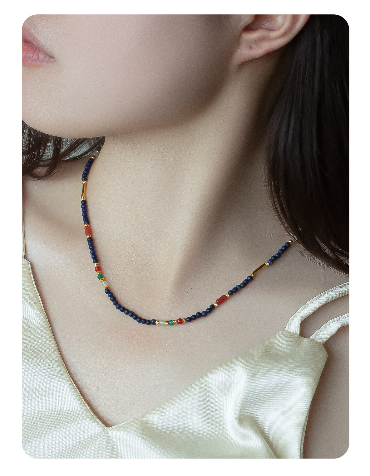 新款天然石彩色串珠项链 简约夏季小清新甜酷混色串珠锁骨链项链详情8
