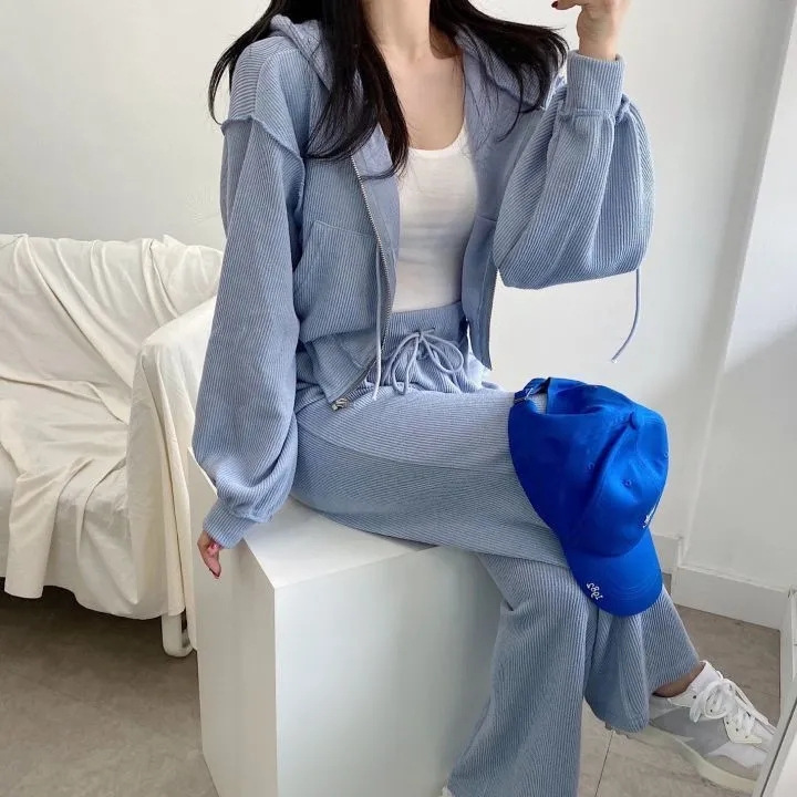 春秋季薄款时尚套装休闲宽松直筒裤女套装宽松显瘦拉链连帽两件套详情6