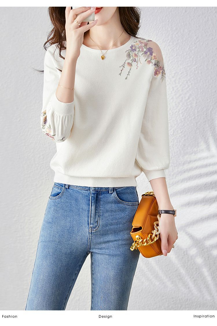 Hollowed-out ice silk knitted sweater for women with three-quarter sleeves, a new spring collection of 2023. Embroidered flowers make it look slimming and stylish. Outerwear pic 8