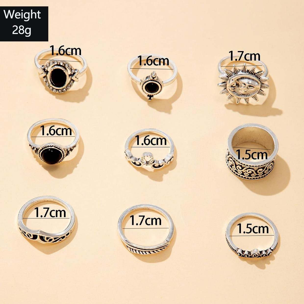 跨境时尚首饰 复古雕花太阳羽毛十字架黑色宝石戒指多件套装组合详情1