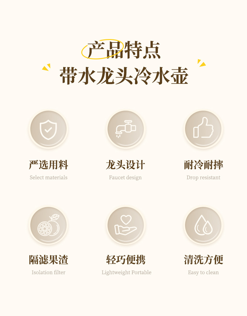 跨境大容量冷水壶轻奢柠檬水果茶饮料桶户外家用水果茶壶带水龙头详情2