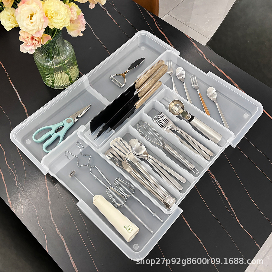 厨房餐具分格收纳盒可伸缩刀叉分类整理盒四向伸缩抽屉式餐具盒详情12