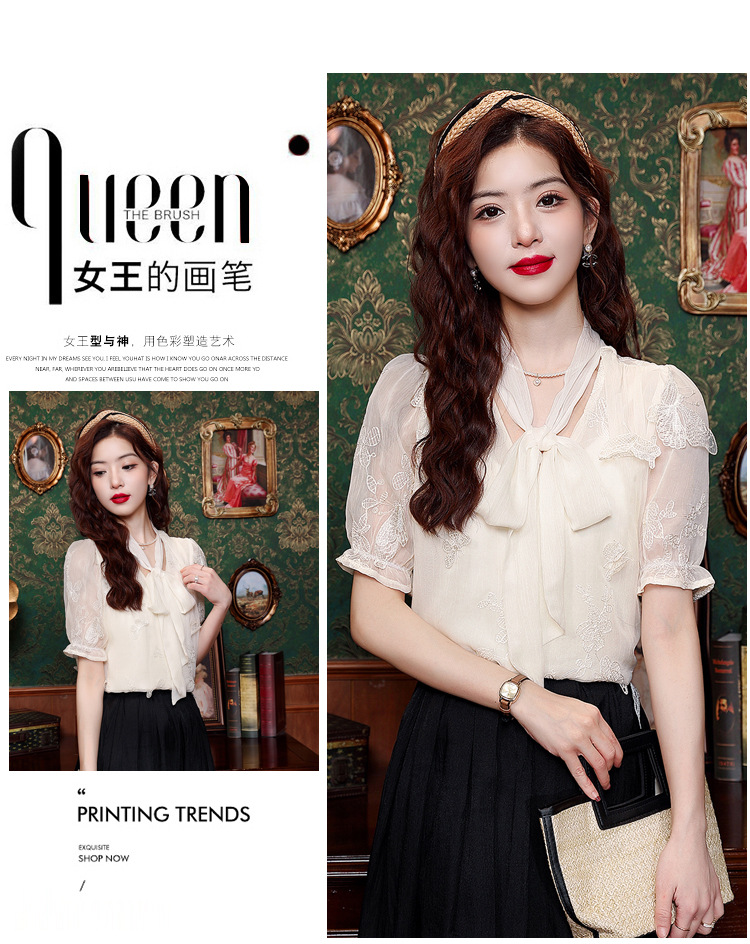 2024年夏季女装高级感蕾丝雪纺衬衫女设计感小众别致蝴蝶结衬衣详情3