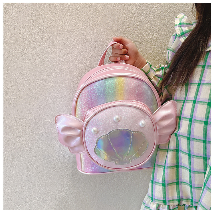 Rainbow gradient sequin backpack, pearl shell pattern, pink bow, outdoor hiking canvas schoolbag, lightweight and durable pic 15