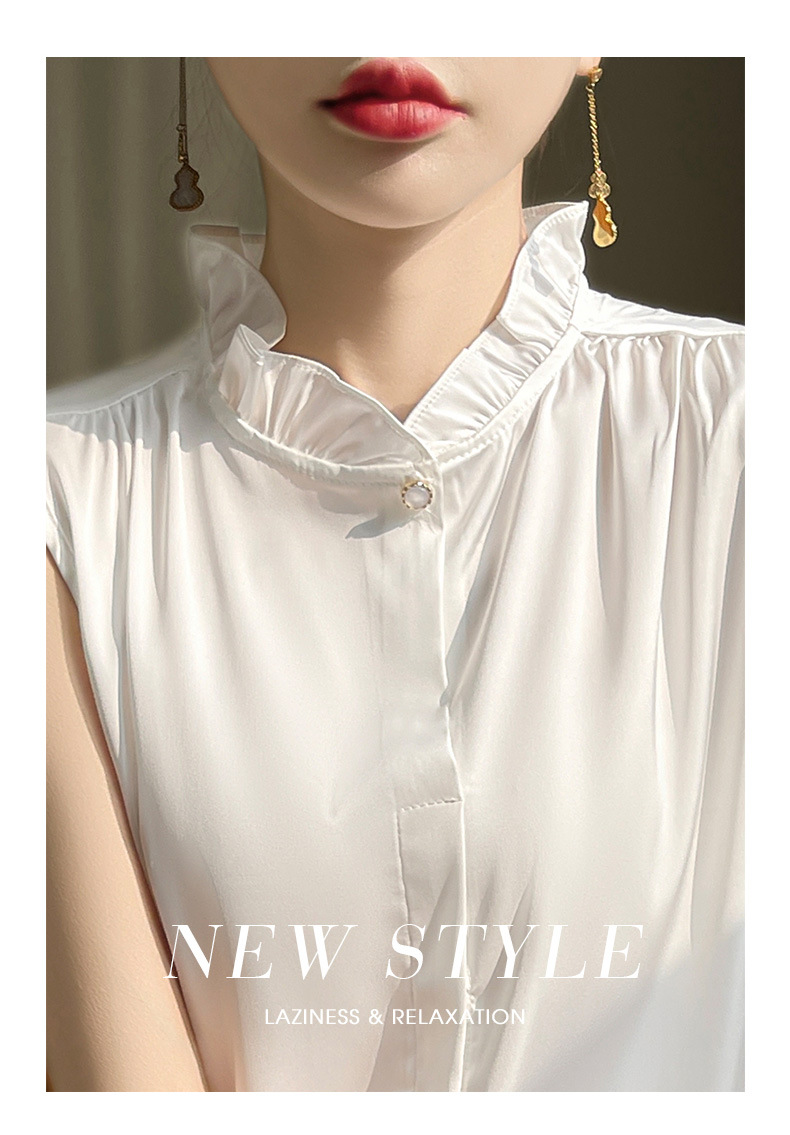 木耳边无袖缎面衬衫背心女立领薄气质衬衫女上衣背心内搭无袖T恤详情14