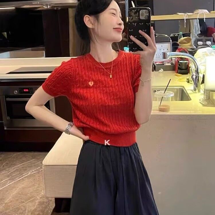 2025冰丝刺绣绞花针织薄款短袖正肩t恤女夏季小个子小众短款上衣详情5